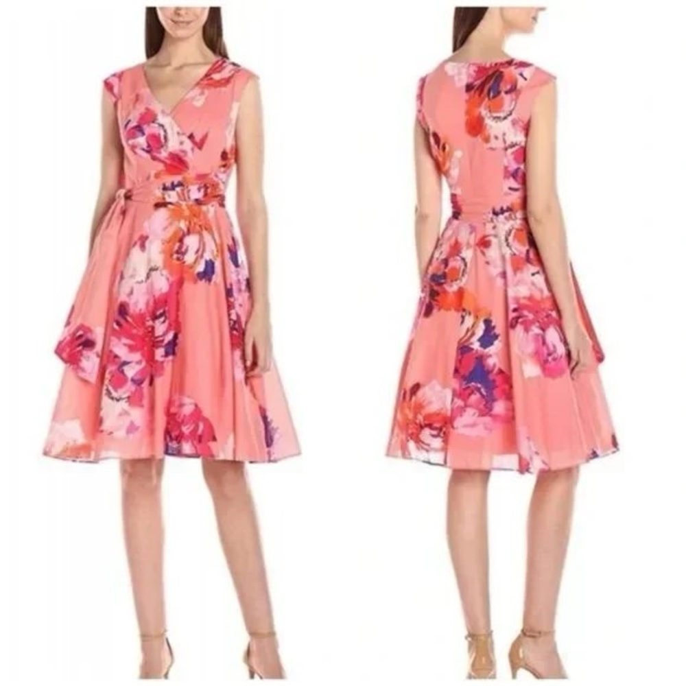 Calvin Klein Fit-and-Flare Dress 6 Coral Pink, Floral, Cap Sleeves, Tie Waist